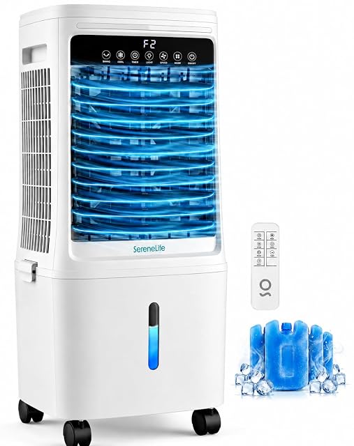 Refroidisseur d'air évaporatif SereneLife SLACL25WHGY 25 L sur roulettes avec télécommande