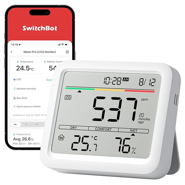 Moniteur SwitchBot Meter Pro CO2 affichant le niveau de CO2, la température et l'humidité