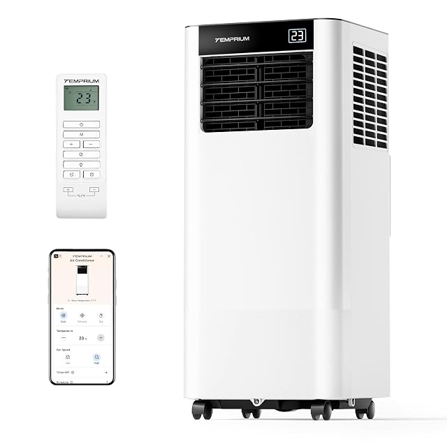 Climatiseur mobile Temprium YPK11S-07C avec panneau de contrôle numérique et gaine d'évacuation de fenêtre