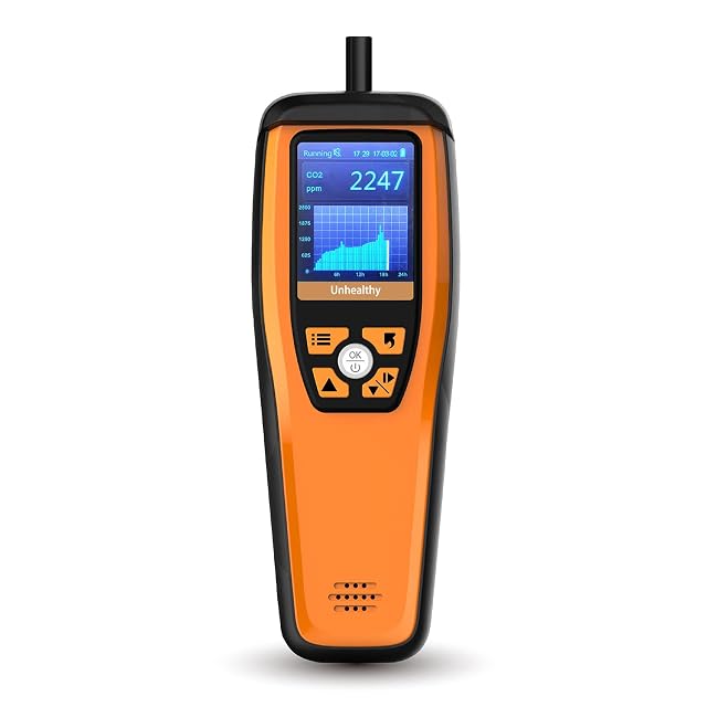 Moniteur portable de qualité de l'air Temtop M2000C 2nd affichant les relevés de CO2 et PM2,5